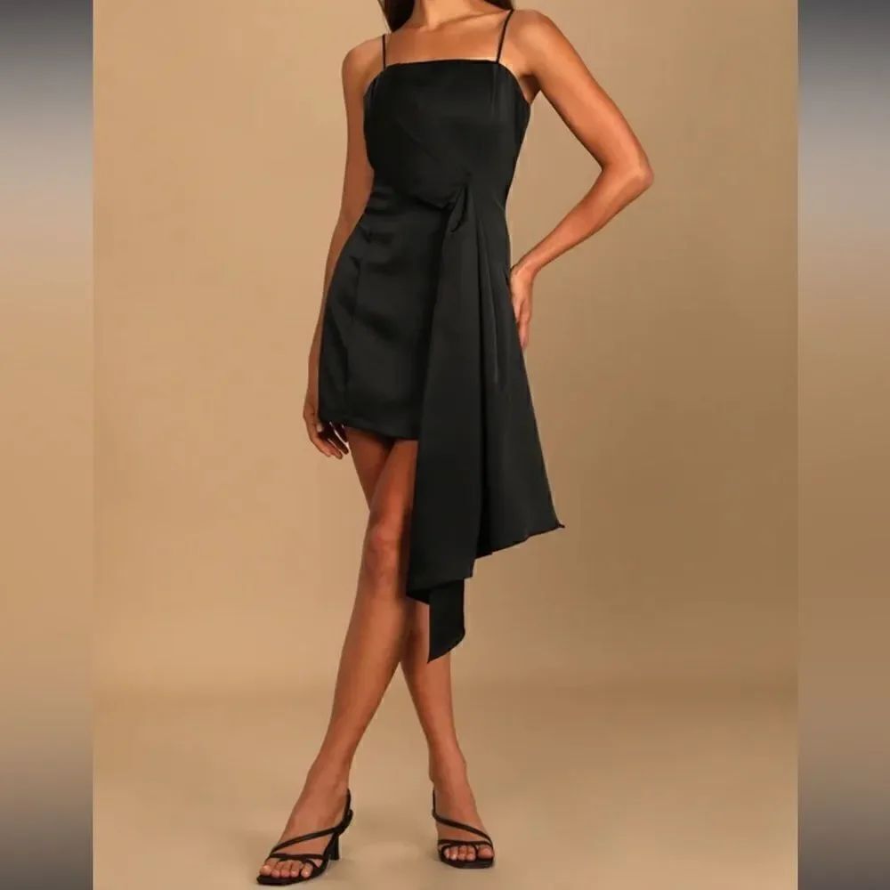 Lulus Romantic Allure Black Satin Asymmetrical Mini Dress